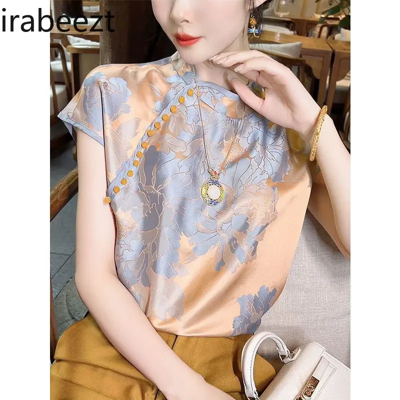 Chinese Inspired Floral Jacquard Top Women's Short Sleeve Summer Blouse Satin Shirt Vintage Embroidery Loose Fit Casual