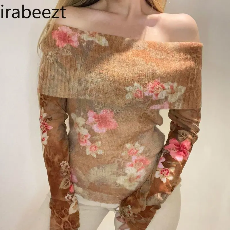 Vintage Knit Patchwork Off Shoulder T-Shirt Floral Print Slim Fit Crop Top Retro Feminine Sexy Summer Blouse Cute Casual Tee