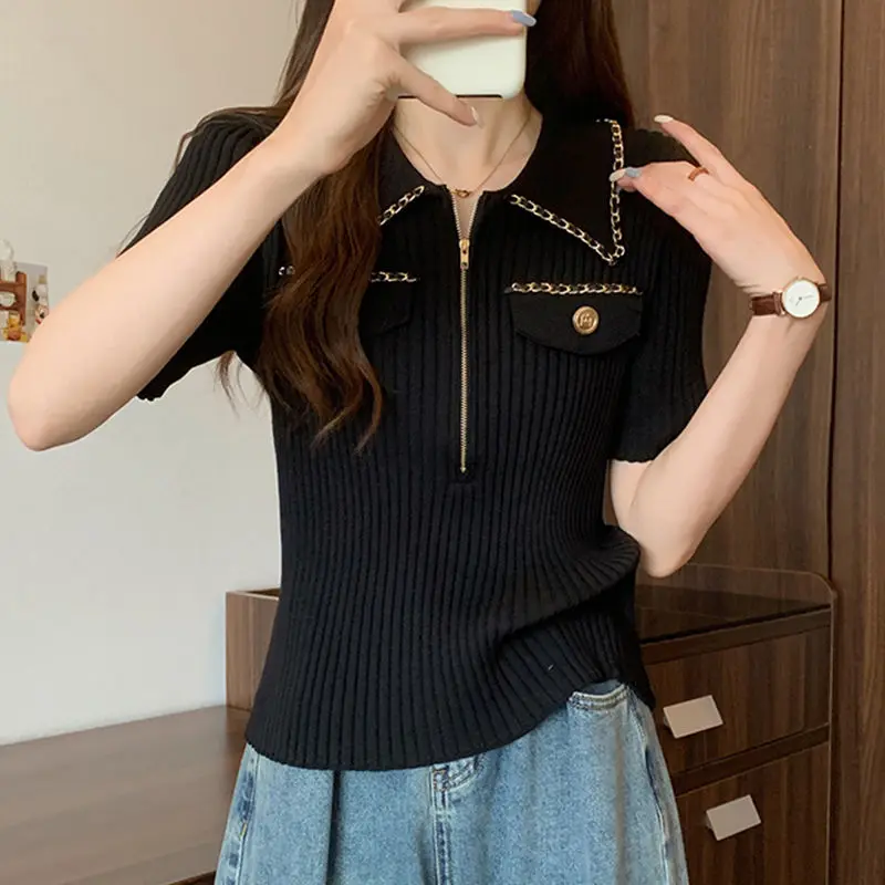 2025 Women's Cool Knit Polo Shirt Summer Slim French Chic T-Shirt with Zip Collar Casual Short Sleeve Blouse European Design
