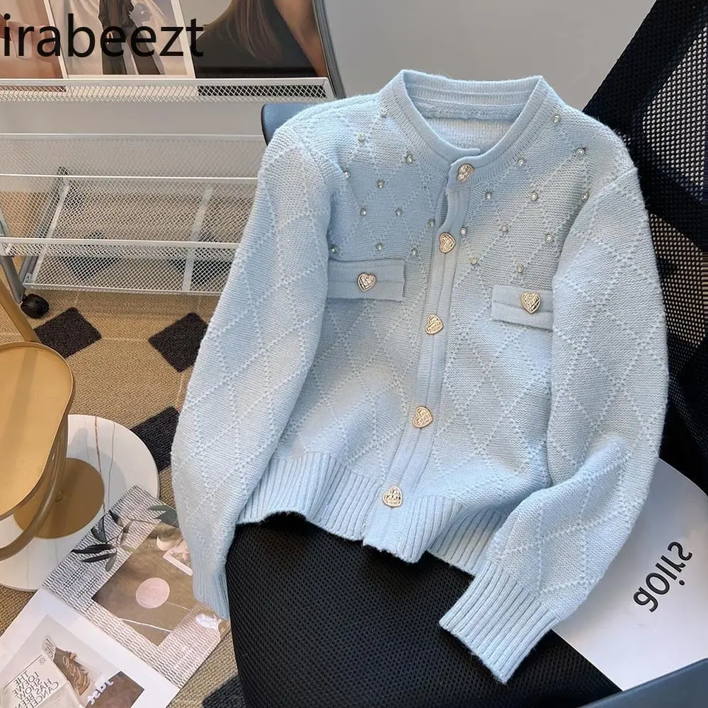 Elegant French Style Diamond Knit Cardigan Women's Spring Autumn Soft Loose Fit Chunky Yarn Open Front Sweater Coat Tops