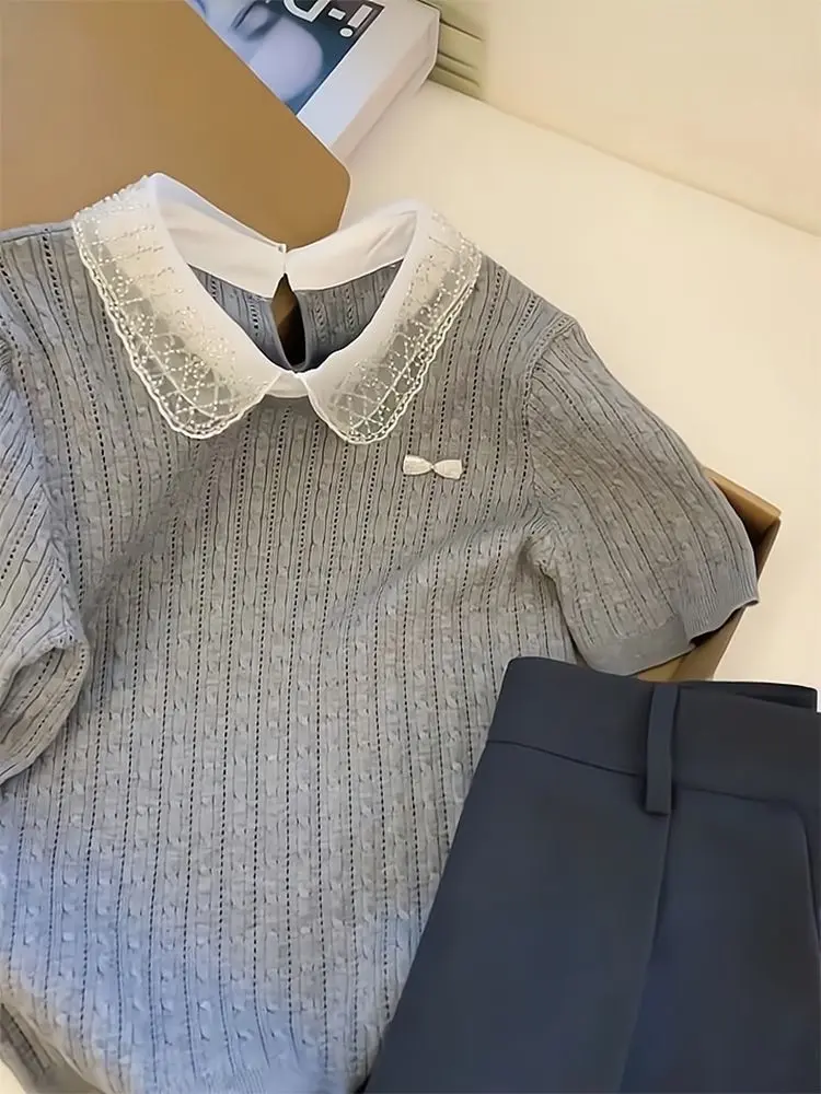 Plus Size Gray Lace Doll Collar Knit Top Women's Regular Shoulder Short Sleeve Summer Blouse Slim Fit Casual Ice Silk T-shirts