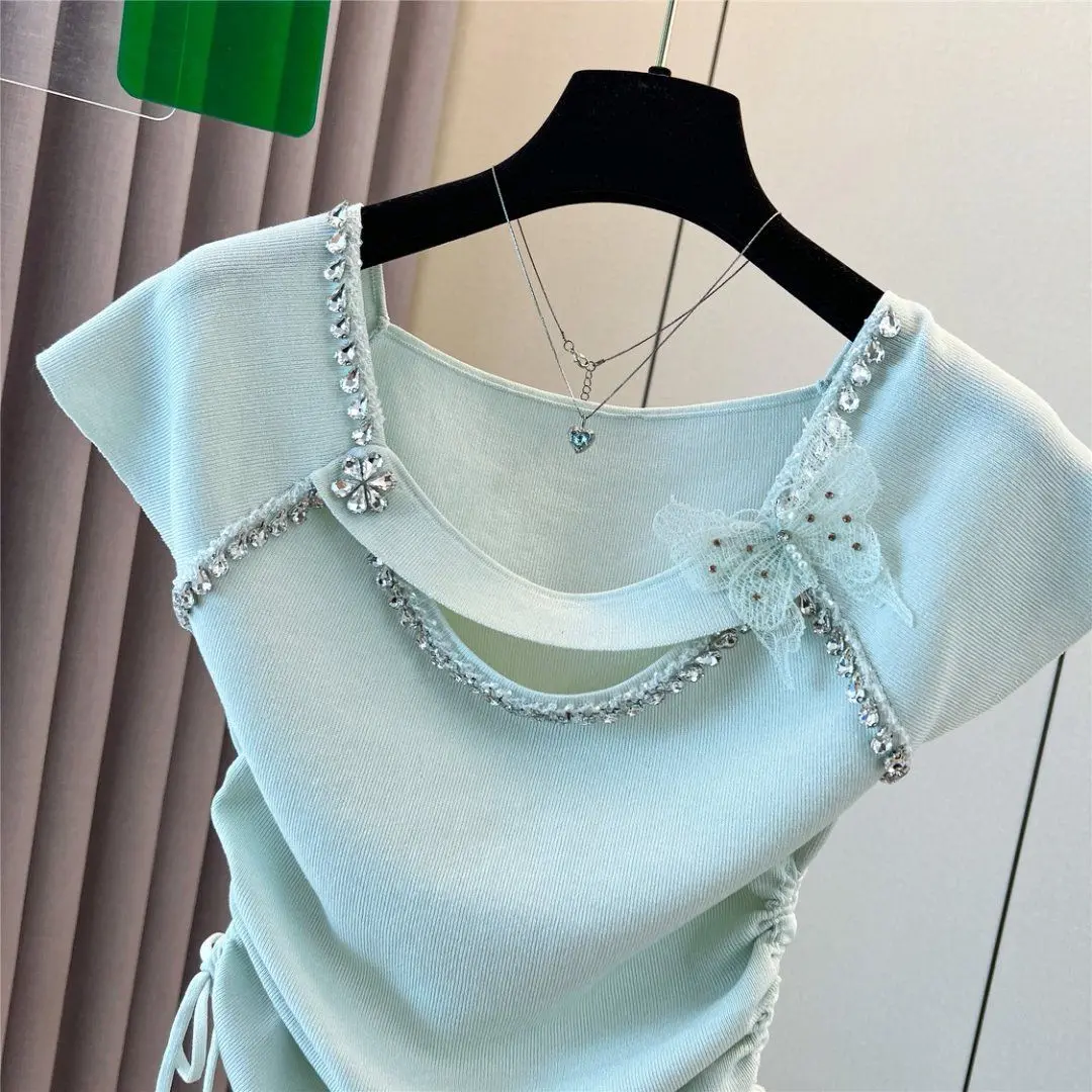 2025 Summer Women's Beaded Knit T-shirt Short Sleeve Drawstring Slim Fit Sweet Pure Sexy Blouse Casual Chic Top Female Clothing