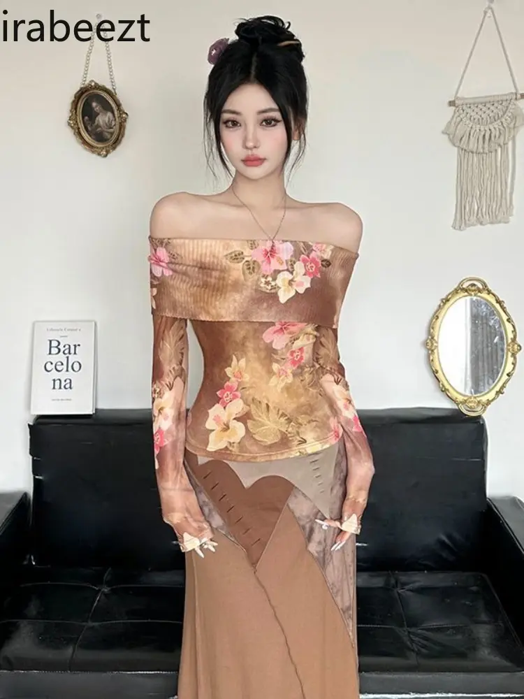 Vintage Knit Patchwork Off Shoulder T-Shirt Floral Print Slim Fit Crop Top Retro Feminine Sexy Summer Blouse Cute Casual Tee