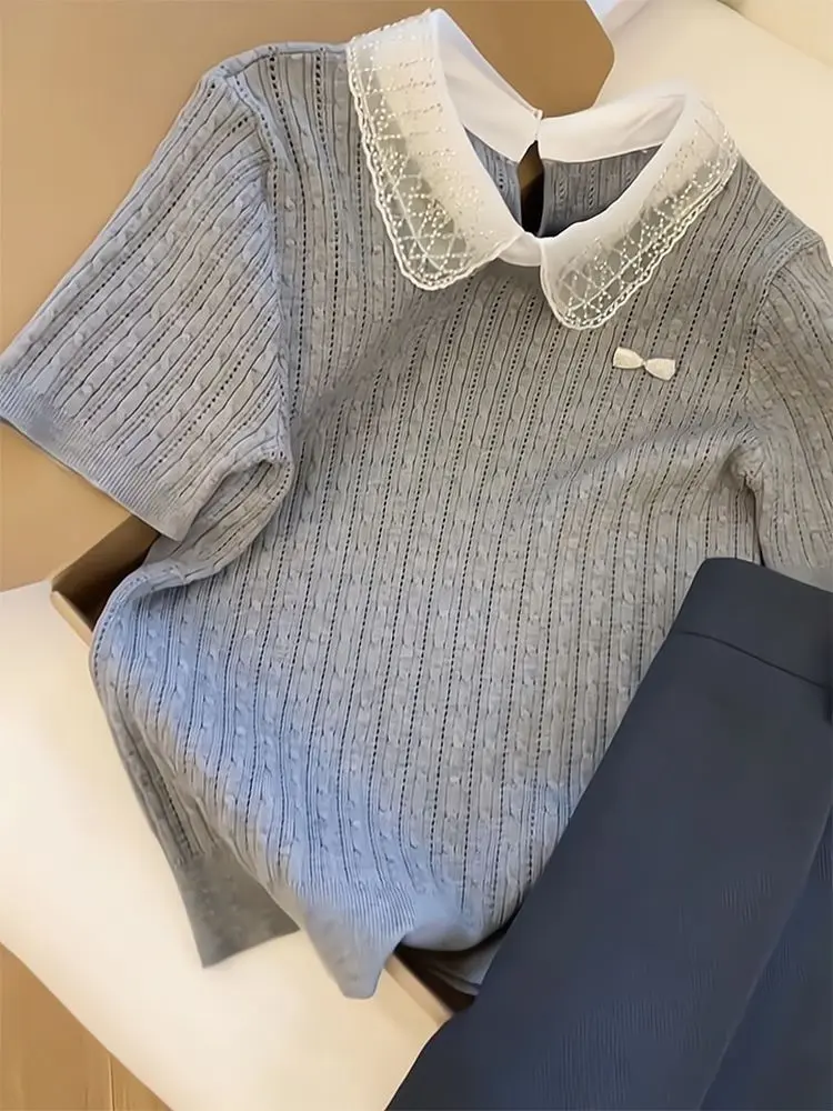 Plus Size Gray Lace Doll Collar Knit Top Women's Regular Shoulder Short Sleeve Summer Blouse Slim Fit Casual Ice Silk T-shirts