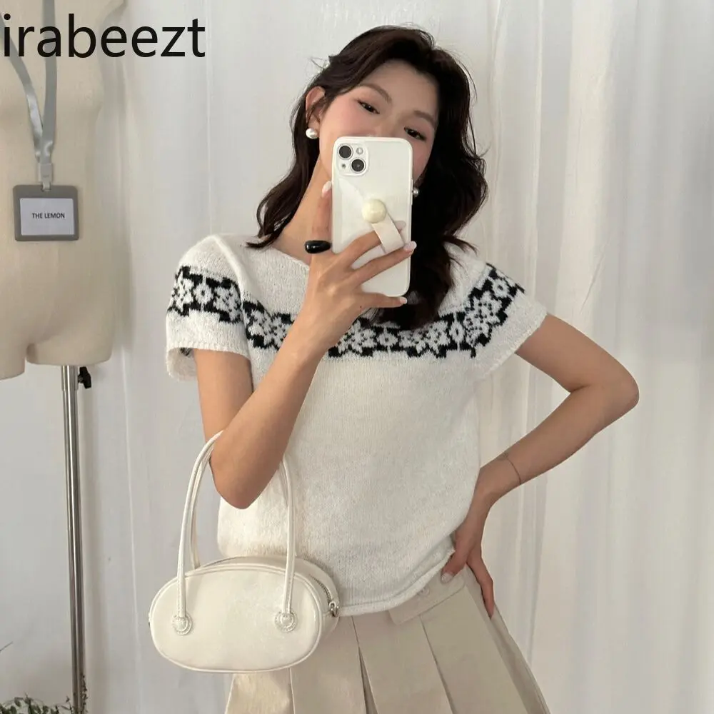 Short Sleeve Knit Top - Flattering Round Neck Color Block Jacquard Soft Breathable Casual Summer Blouse Women's Fashion T-Shirt