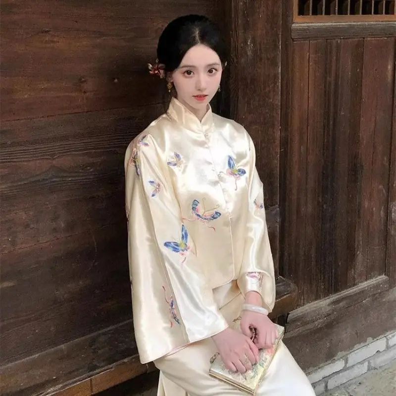 Chinese Style Embroidered Butterfly Blouse Women's Fashion Tang Collar Loose Shirt Boho Chic Casual Top Long Sleeve Outerwear