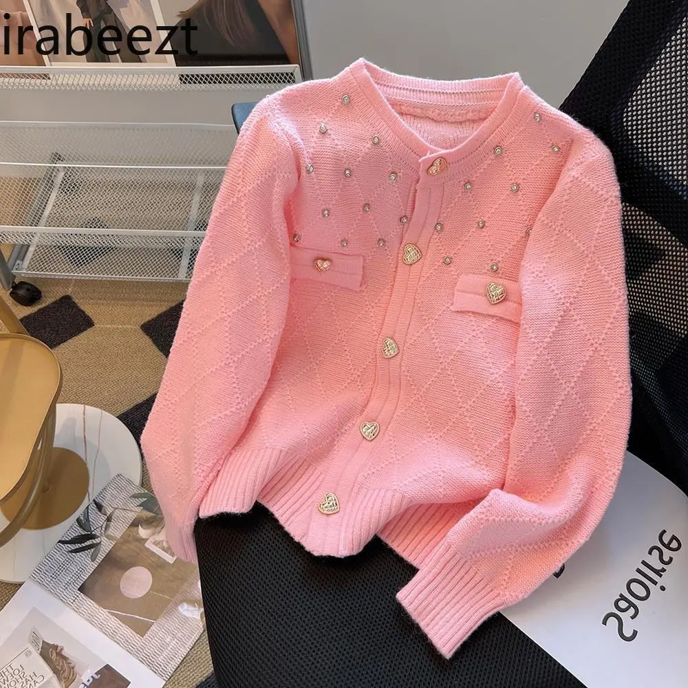 Elegant French Style Diamond Knit Cardigan Women's Spring Autumn Soft Loose Fit Chunky Yarn Open Front Sweater Coat Tops