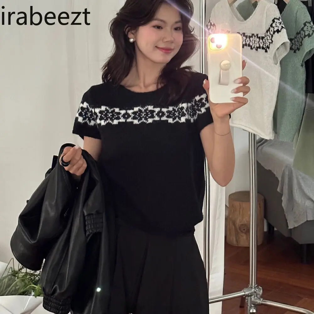 Short Sleeve Knit Top - Flattering Round Neck Color Block Jacquard Soft Breathable Casual Summer Blouse Women's Fashion T-Shirt