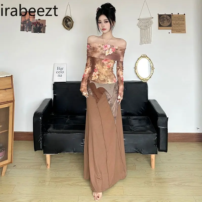 Vintage Knit Patchwork Off Shoulder T-Shirt Floral Print Slim Fit Crop Top Retro Feminine Sexy Summer Blouse Cute Casual Tee