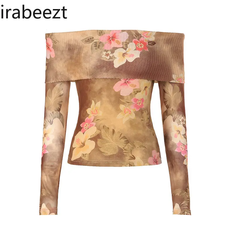 Vintage Knit Patchwork Off Shoulder T-Shirt Floral Print Slim Fit Crop Top Retro Feminine Sexy Summer Blouse Cute Casual Tee