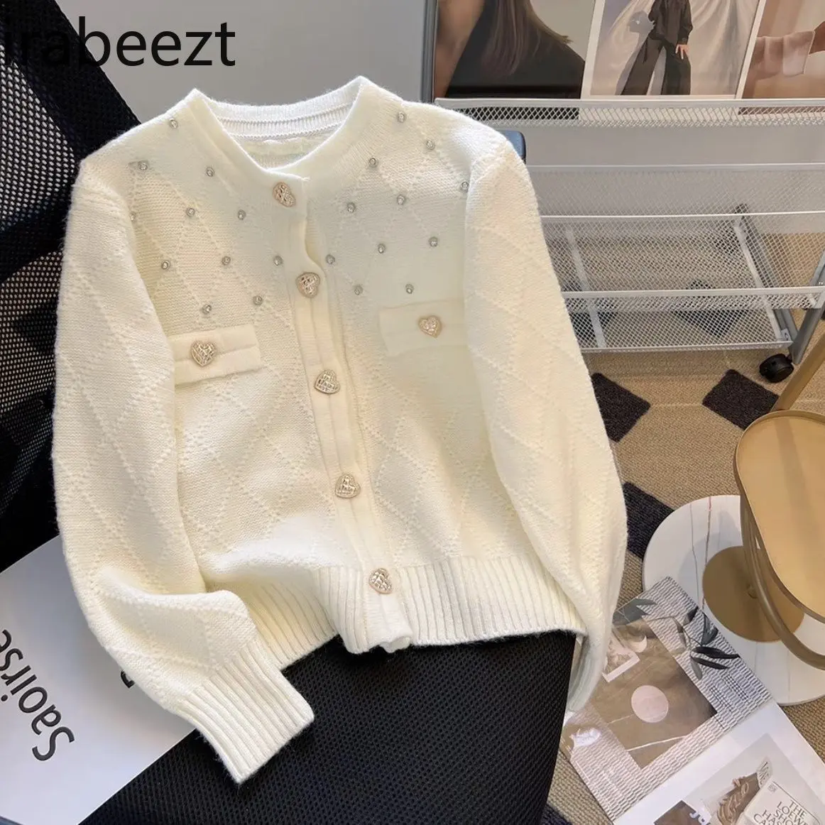 Elegant French Style Diamond Knit Cardigan Women's Spring Autumn Soft Loose Fit Chunky Yarn Open Front Sweater Coat Tops