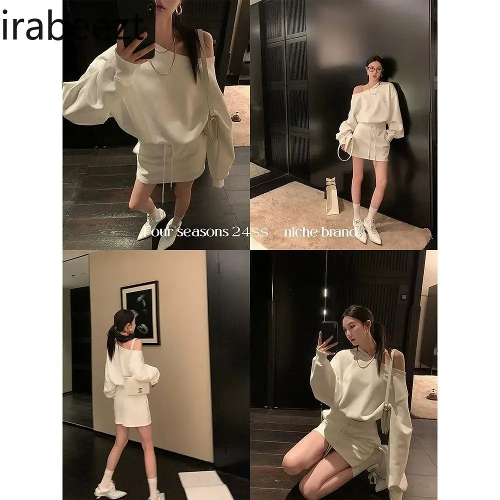 American Slant Shoulder Hoodie Skirt Conjunto Femenino Roupa Elegante Loose Fit Mainland China Women Casual 2 Pieces Set