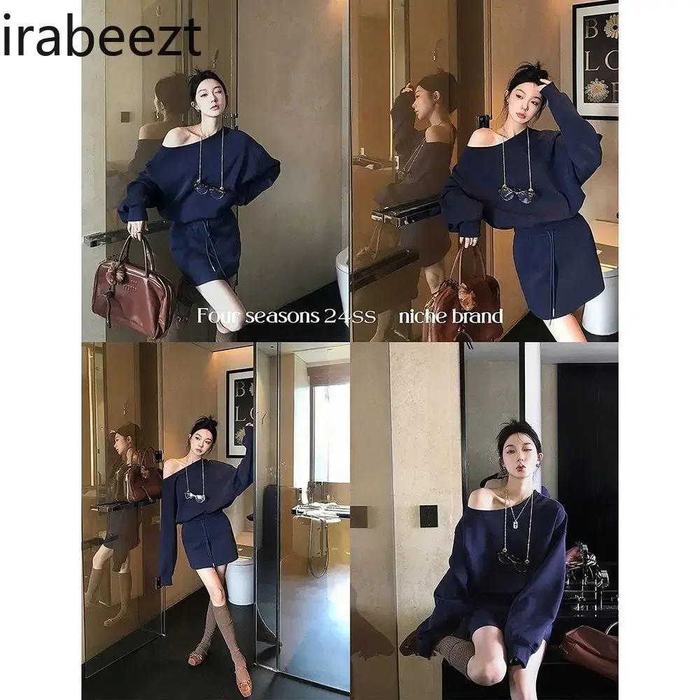 American Slant Shoulder Hoodie Skirt Conjunto Femenino Roupa Elegante Loose Fit Mainland China Women Casual 2 Pieces Set