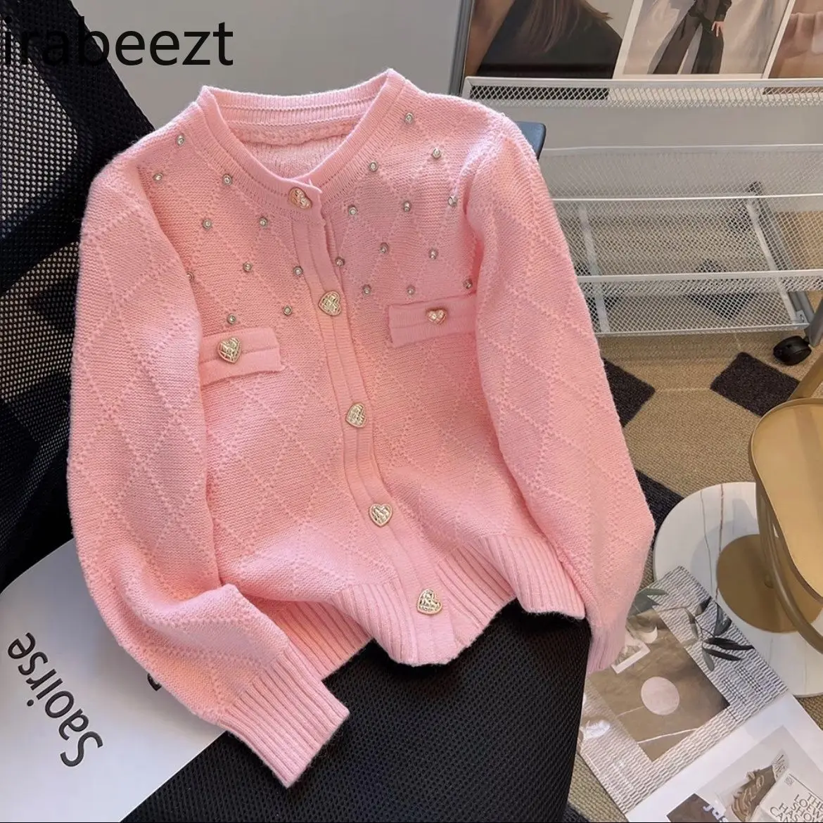 Elegant French Style Diamond Knit Cardigan Women's Spring Autumn Soft Loose Fit Chunky Yarn Open Front Sweater Coat Tops