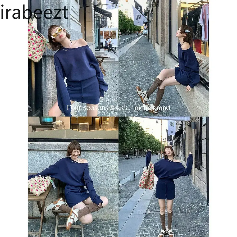 American Slant Shoulder Hoodie Skirt Conjunto Femenino Roupa Elegante Loose Fit Mainland China Women Casual 2 Pieces Set