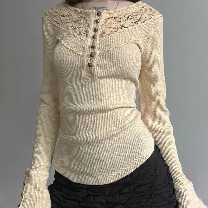 Elegant French Lace Trim Semi-Open Button Knitted Long Sleeve T-Shirt Women's Slim Fit Casual Blouse Feminine Basic Top