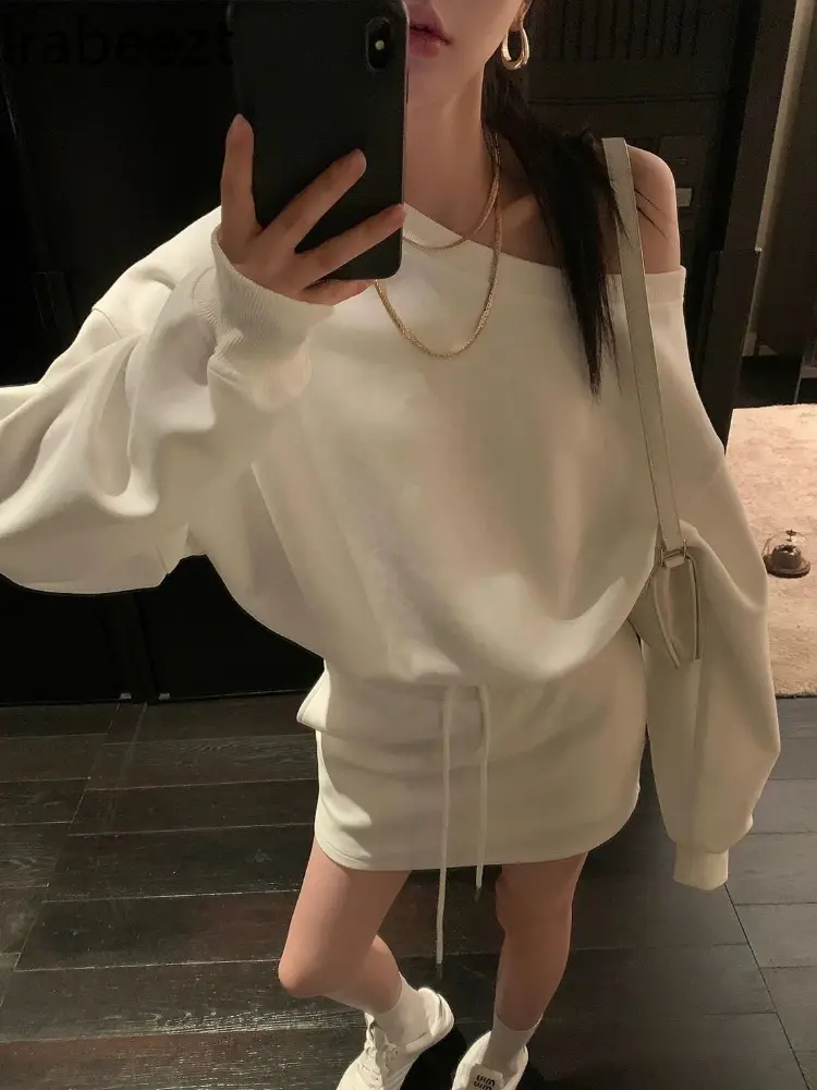 American Slant Shoulder Hoodie Skirt Conjunto Femenino Roupa Elegante Loose Fit Mainland China Women Casual 2 Pieces Set