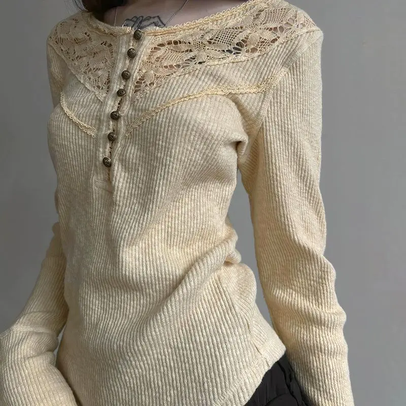 Elegant French Lace Trim Semi-Open Button Knitted Long Sleeve T-Shirt Women's Slim Fit Casual Blouse Feminine Basic Top