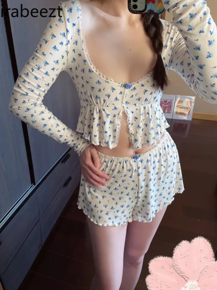 Spring Floral Top Sexy T-shirt Irregular Ruffled Slim Short Long Sleeve Top + Floral Pants Summer Clothing for Women