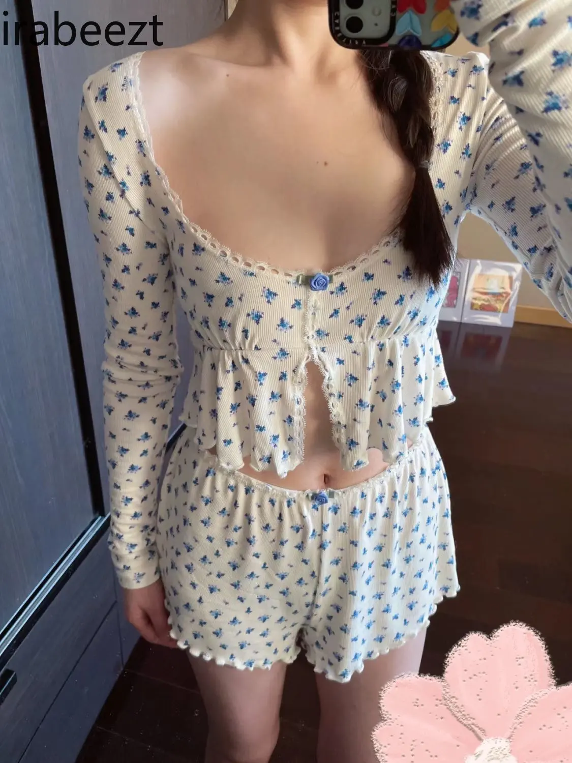 Spring Floral Top Sexy T-shirt Irregular Ruffled Slim Short Long Sleeve Top + Floral Pants Summer Clothing for Women