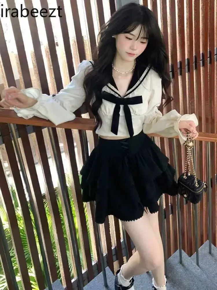 College All-matching Twill Cake Shaped Skirt + Navy Collar Blouse Two Sets of New 2024 Casual Jupe Femme Chic Et Élégant