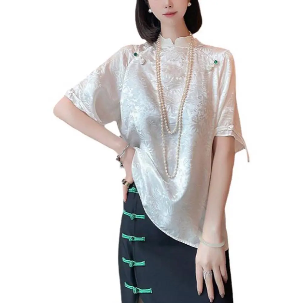 Summer Short Sleeve Blouse Women's Fashion Split Side Breathable Floral Embroidery Shirt Comfortable Slim Loose Fit Casual Top
