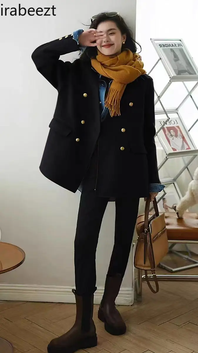 Autumn and Winter Coffee Color Elegant Jacket To Show Thin French Temperament V-neck with Casual Wool Coat Women