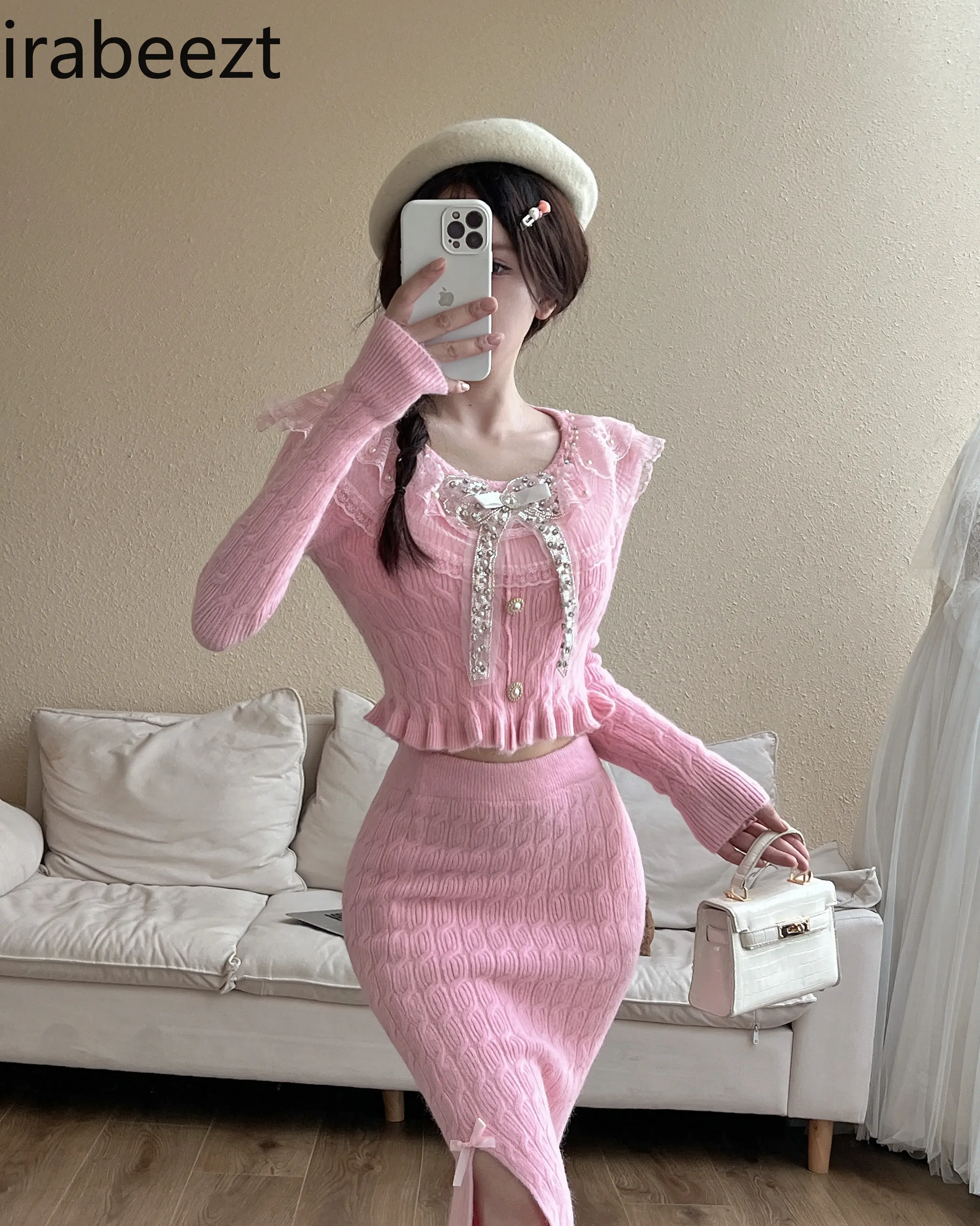 Sweet Gentle Style Knit Set Bow Age Reduction Top with Slit Hip Wrap Skirt Trajes Formales De Mujer Slim Fit Ensembles De Jupes