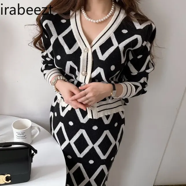 Chinese Chic Little Sweet Knitting Skirt Suit Temperament Cardigan Coat Two-piece Set Outfit Conjunto Saia E Blusa Elegante