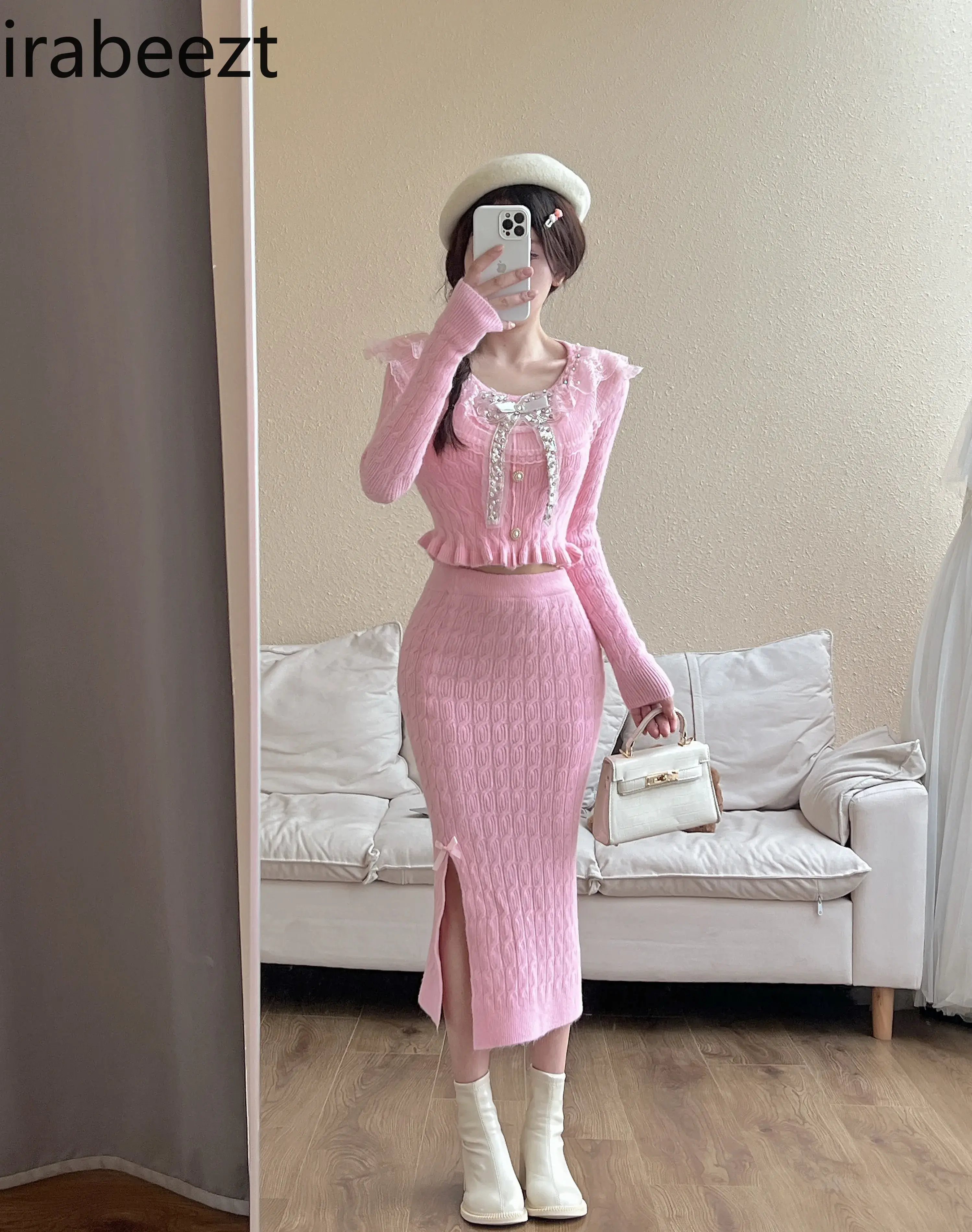 Sweet Gentle Style Knit Set Bow Age Reduction Top with Slit Hip Wrap Skirt Trajes Formales De Mujer Slim Fit Ensembles De Jupes