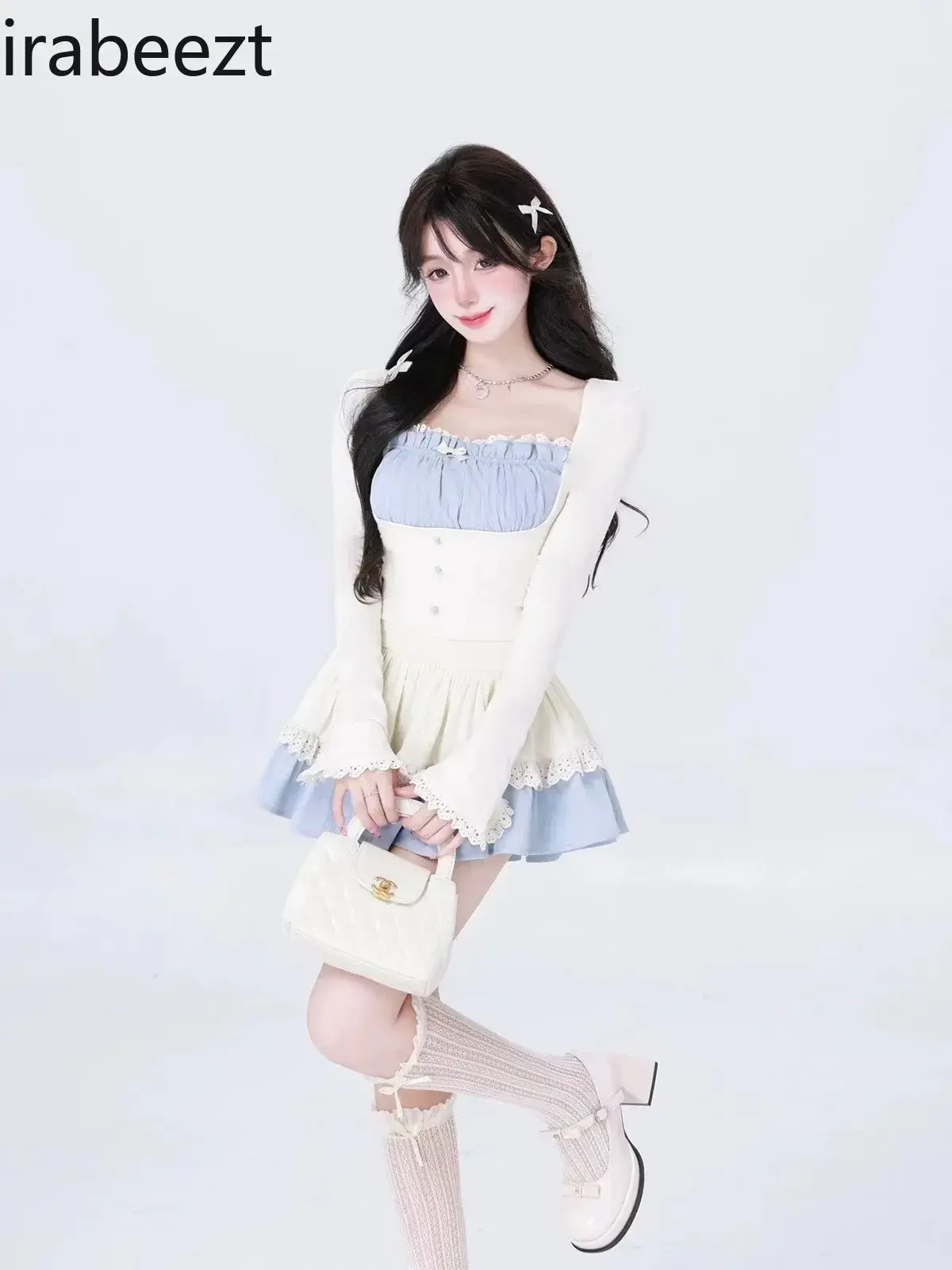 Autumn thin long-sleeved knitwear women's design sense top short skirt slim fit conjunto femenino roupa elegante