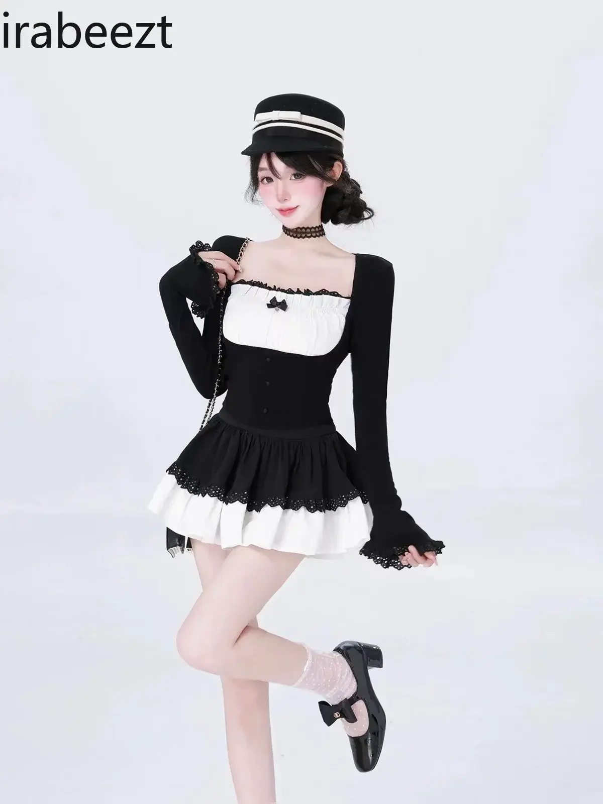 Autumn thin long-sleeved knitwear women's design sense top short skirt slim fit conjunto femenino roupa elegante