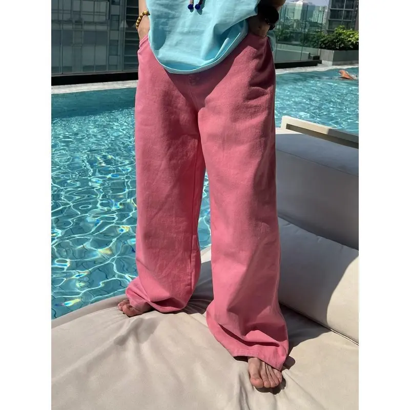 Men's Jeans Solid High Waist Straight Tube Wide Leg Pants Dopamine Casual Simple American Retro Floor Dragging Jeans Man Clothes