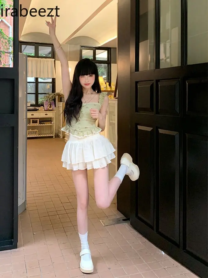 Sweet and Spicy Waist Slimming Sweet Printed Top + Cake Pommel Skirt Set Female Summer Conjuntos De Mujer Ensembles De Jupes
