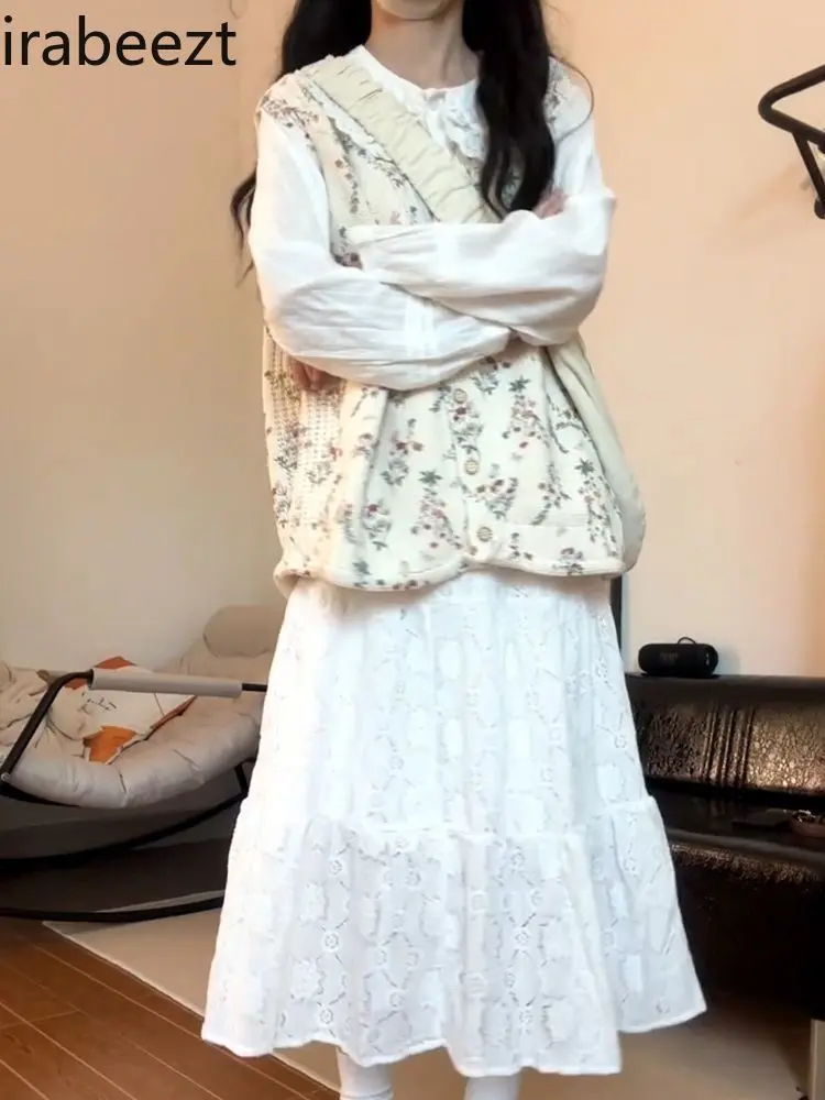 Japanese School Style Floral Knit Cardigan Waistcoat + A-line Skirt + Long-sleeved Doll Collar Shirt Women's Three-piece Set