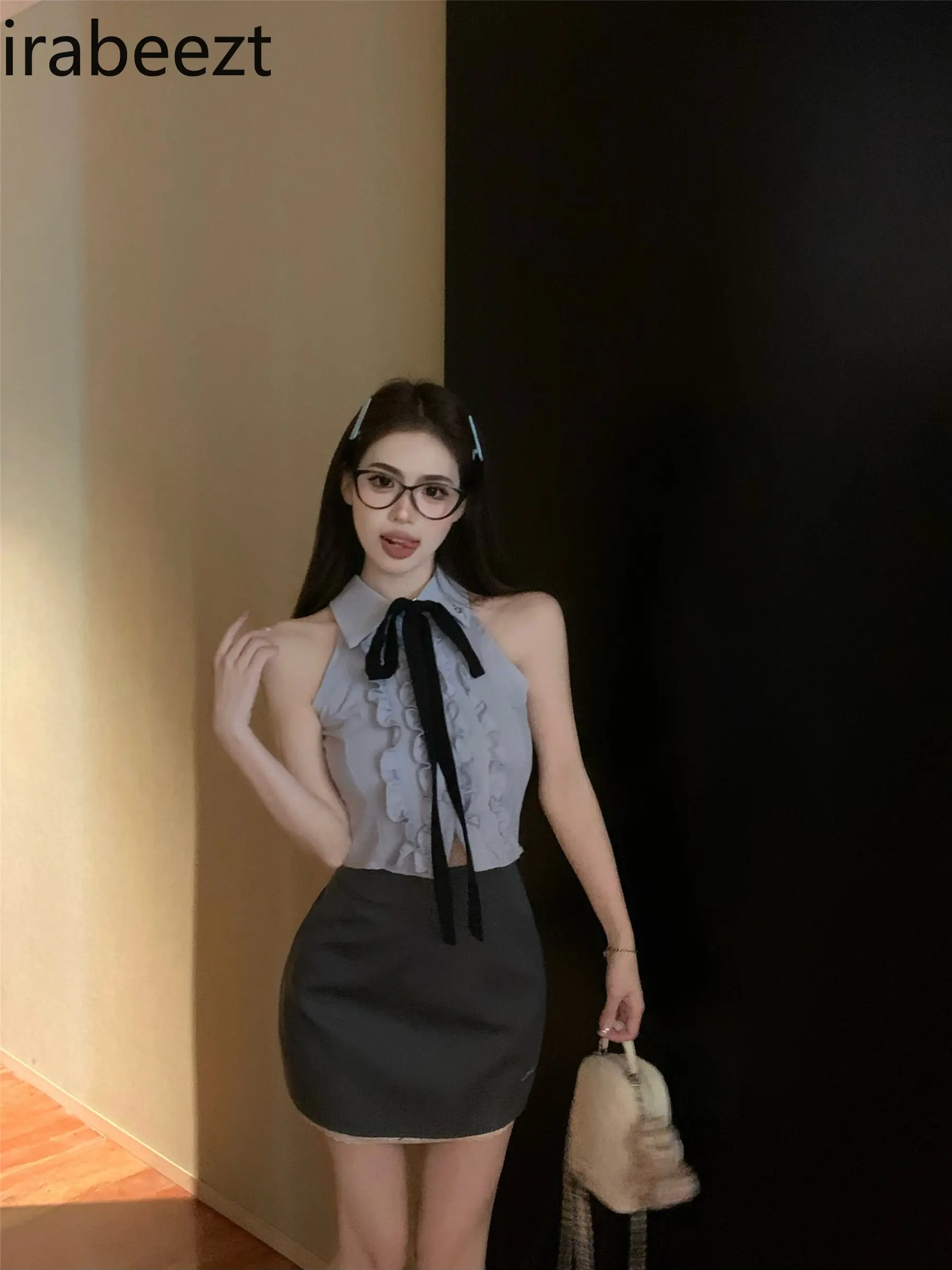 Preppy Style Set: Lace Trim Tie-Up Polo Collar Off-Shoulder Blouse & Bodycon Mini Skirt 2Pcs Women Summer Outfit