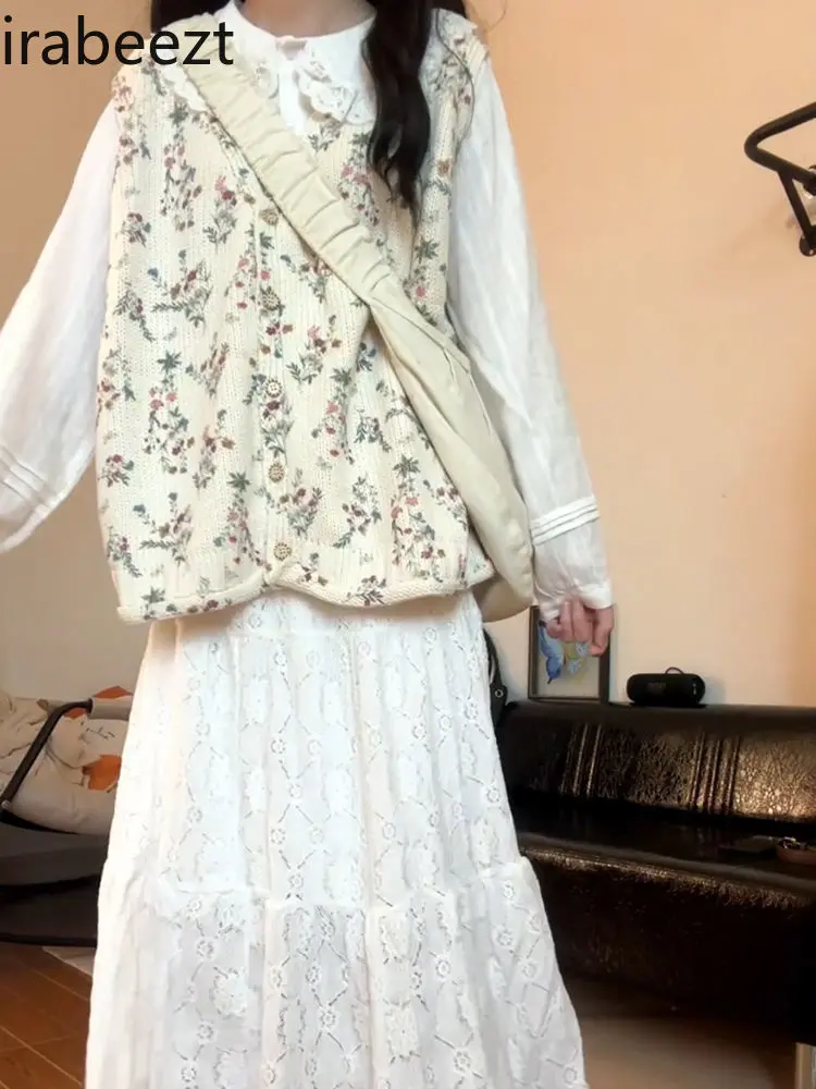 Japanese School Style Floral Knit Cardigan Waistcoat + A-line Skirt + Long-sleeved Doll Collar Shirt Women's Three-piece Set