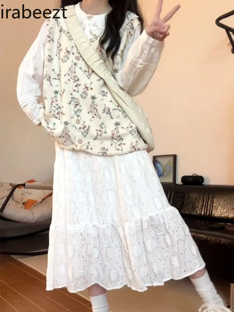 Japanese School Style Floral Knit Cardigan Waistcoat + A-line Skirt + Long-sleeved Doll Collar Shirt Women's Three-piece Set