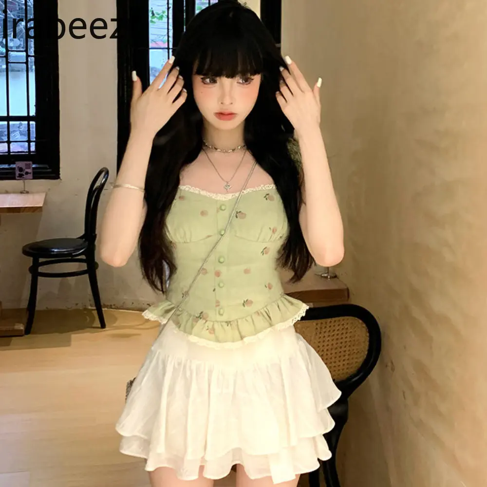 Sweet and Spicy Waist Slimming Sweet Printed Top + Cake Pommel Skirt Set Female Summer Conjuntos De Mujer Ensembles De Jupes