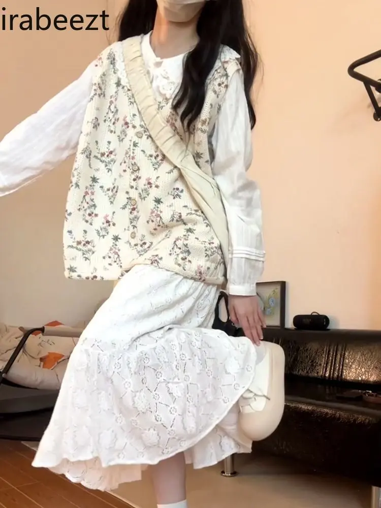 Japanese School Style Floral Knit Cardigan Waistcoat + A-line Skirt + Long-sleeved Doll Collar Shirt Women's Three-piece Set