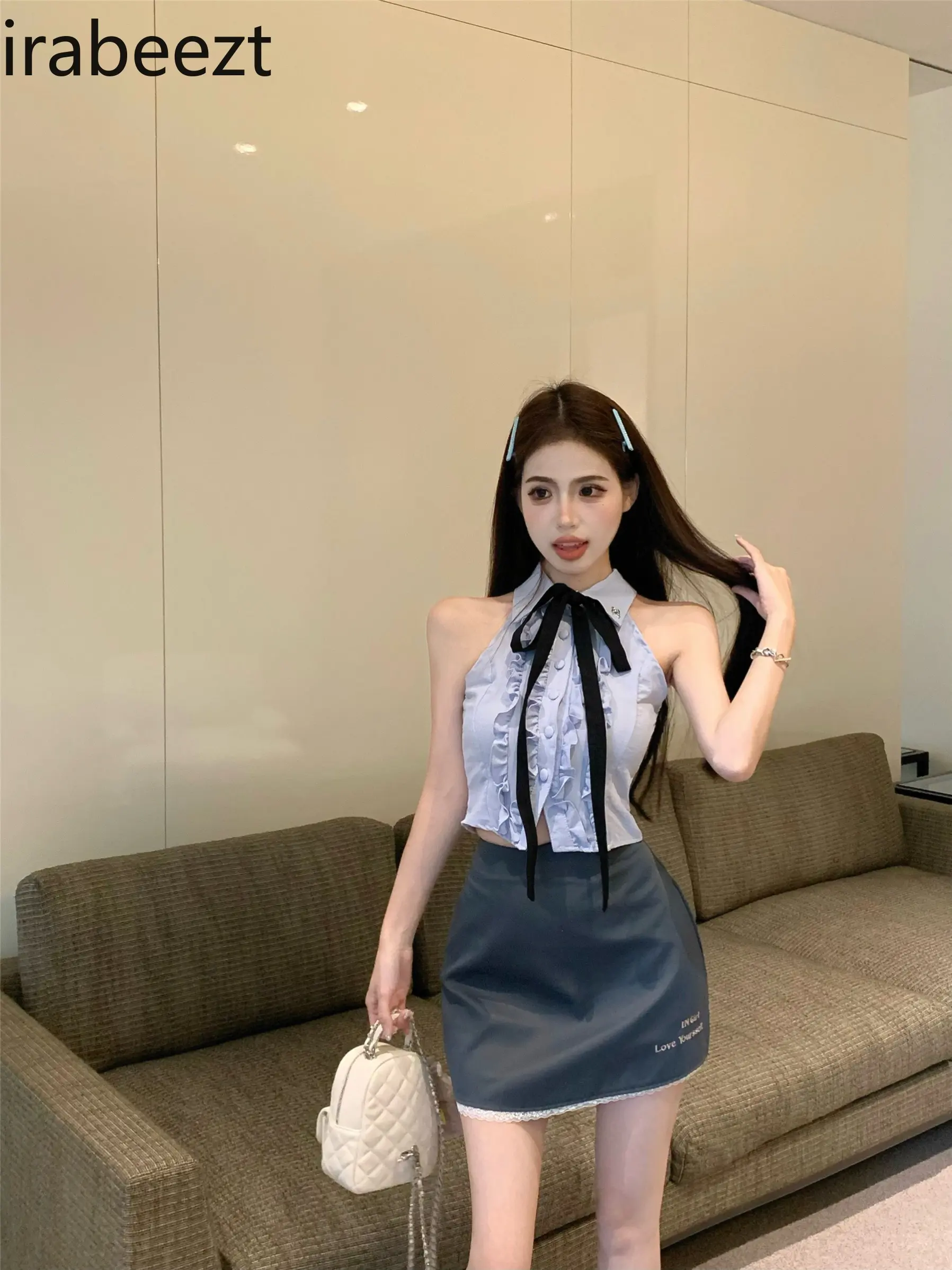 Preppy Style Set: Lace Trim Tie-Up Polo Collar Off-Shoulder Blouse & Bodycon Mini Skirt 2Pcs Women Summer Outfit
