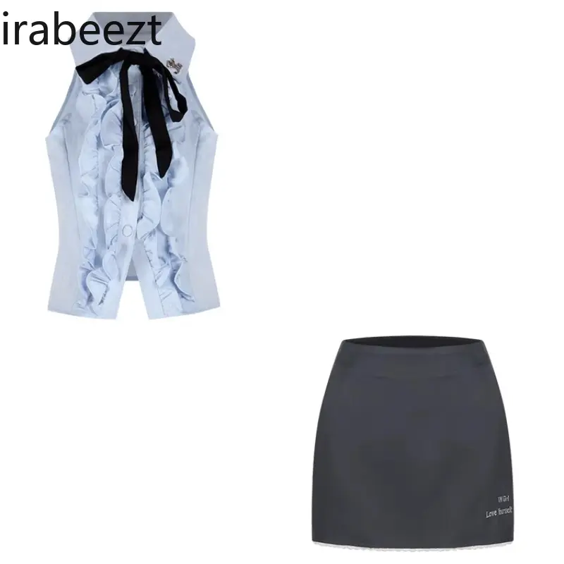 Preppy Style Set: Lace Trim Tie-Up Polo Collar Off-Shoulder Blouse & Bodycon Mini Skirt 2Pcs Women Summer Outfit