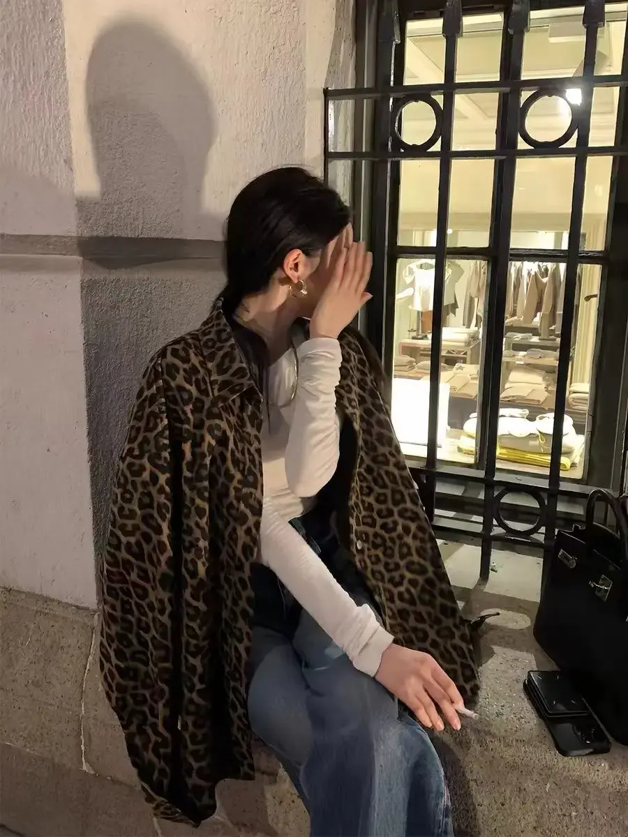 2024 Autumn New Leopard-print Coat Women's American Retro Casual Loose Silhouette Jacket Design Feeling Niche Top