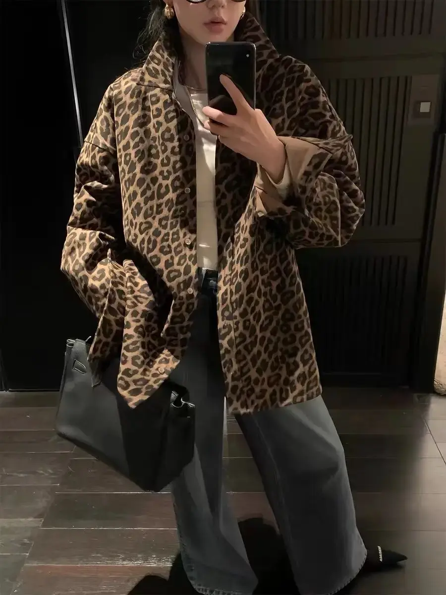 2024 Autumn New Leopard-print Coat Women's American Retro Casual Loose Silhouette Jacket Design Feeling Niche Top