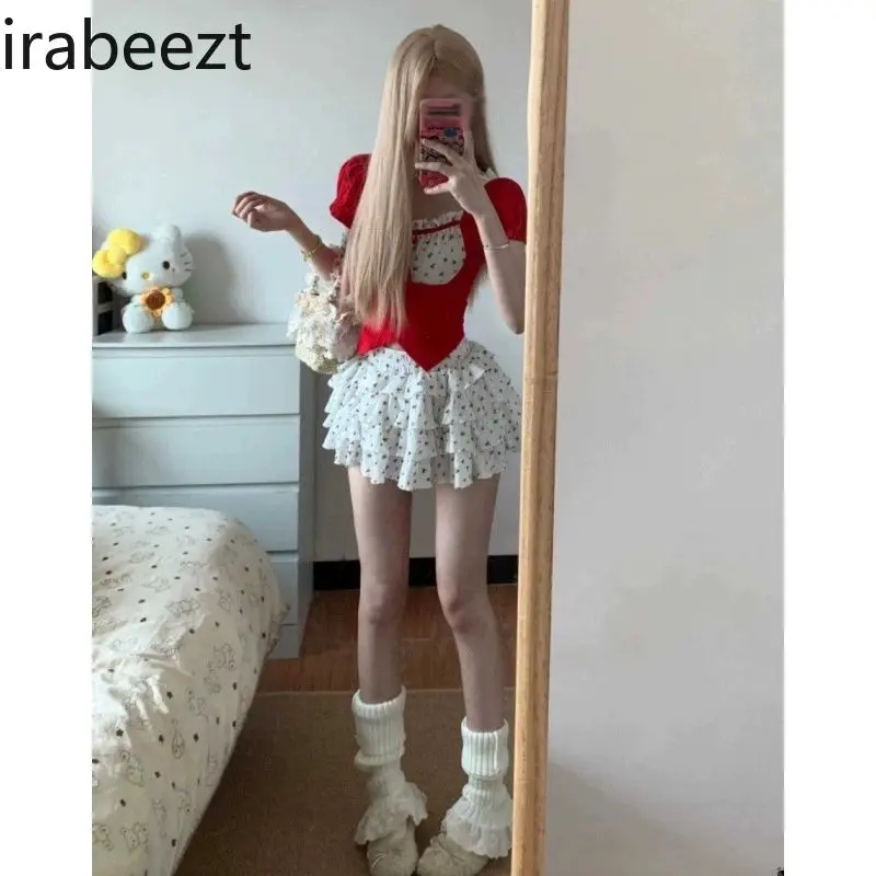 Dopamine Wear French Floral Fake Two-piece Short Slim Short-sleeved Top Summer High Waist Slim Puffy Cake Skirt Set