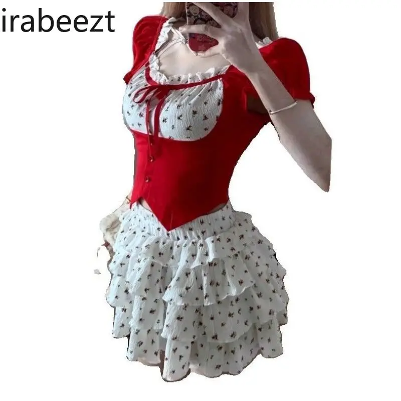 Dopamine Wear French Floral Fake Two-piece Short Slim Short-sleeved Top Summer High Waist Slim Puffy Cake Skirt Set