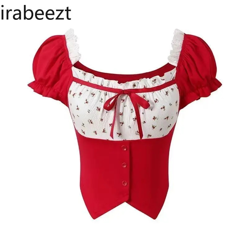 Dopamine Wear French Floral Fake Two-piece Short Slim Short-sleeved Top Summer High Waist Slim Puffy Cake Skirt Set