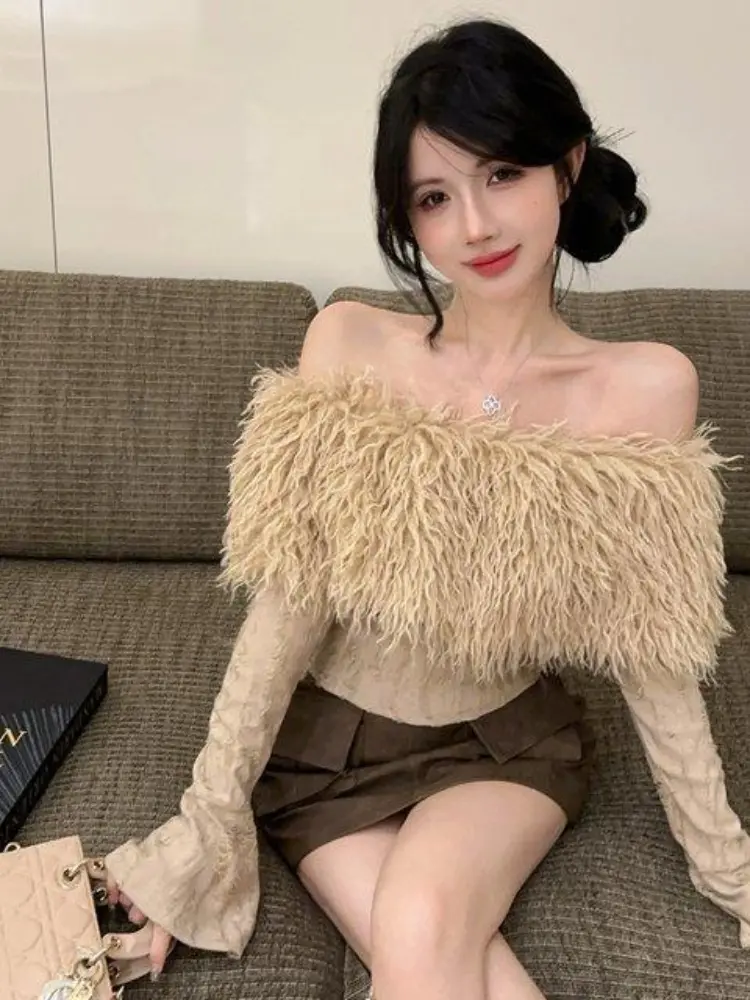 2024 Autumn and Winter New Fashion One-line Shoulder Hair Fringe Top Coat Wrapping Hip Short Leather Skirt Conjuntos De Falda