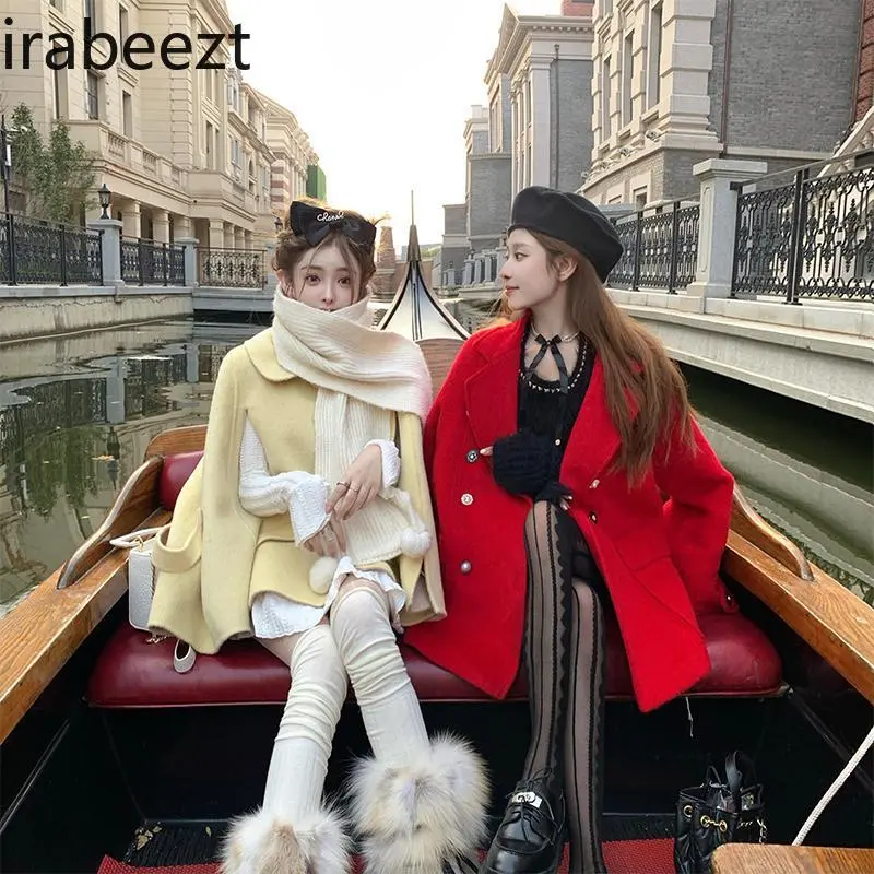 2024 Autumn and Winter New French Temperament Cape Retro Sweet Woolen Coat Woman Casaco Feminino De Inverno Super Quente