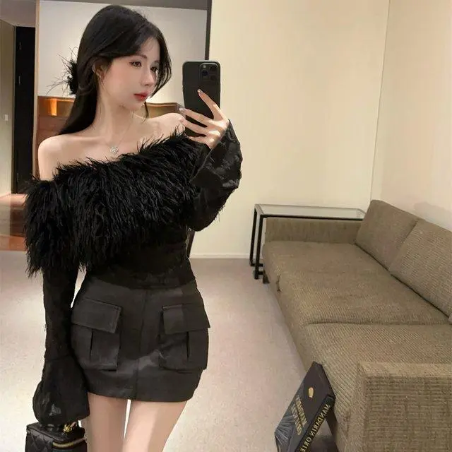 2024 Autumn and Winter New Fashion One-line Shoulder Hair Fringe Top Coat Wrapping Hip Short Leather Skirt Conjuntos De Falda